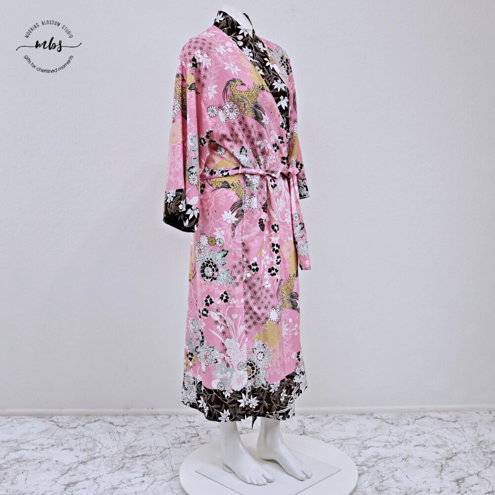 Natori Floral & Bird Print Kimono Pink Brown Women M